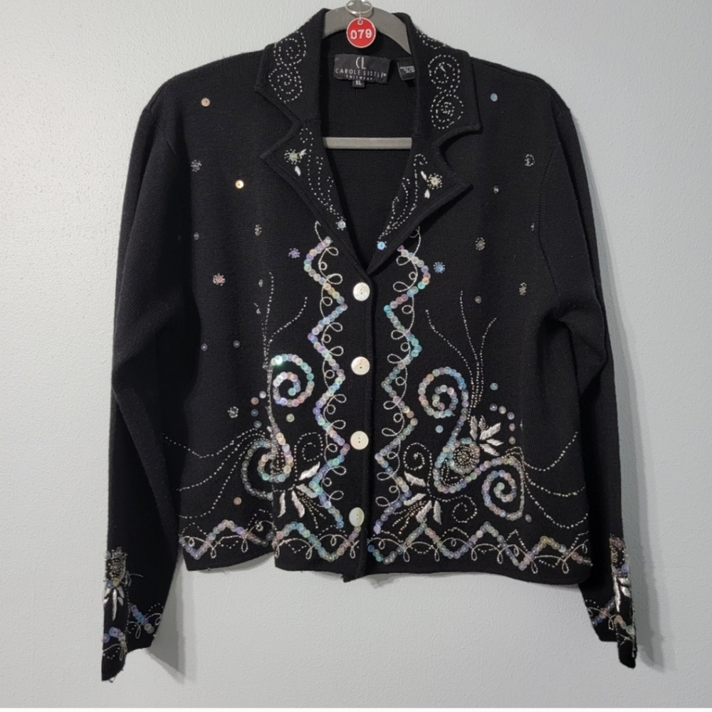Carole Little Boho Black Sweater Cardigan with Iridescent Sequin Embroidery Wool